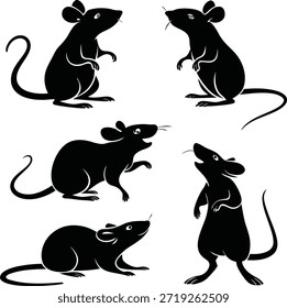 Esta imagem mostra seis ratos negros em poses diferentes. Os ratos são retratados em um estilo minimalista, silhueta contra um fundo branco. Cada rato é mostrado em uma posição única, alguns sentados, alguns em pé, e outros olhando alerta ou curioso.