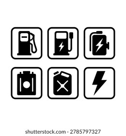 This image features six black and white icons showcasing different energy and fuel related symbols. The icons include a gasoline pump, an electric vehicle charger, a battery with a lightning bolt, a fuel tank with a plug, a camera battery, and a fuel tank with an X. The icons are presented in a clean and simple design, making them suitable for use in a variety of applications, including websites, apps, and marketing materials, highlighting the importance of energy and fuel in our daily lives, with a focus on silhouette.