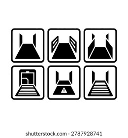 This image features six black and white warning signs for escalators and stairs in silhouette mode. The signs are arranged in two rows of three and display various pictograms indicating different types of escalators and stairs, including those with hazards and warnings. The signs are set against a plain white background, making them easily recognizable and versatile for use in various settings, such as public spaces, buildings, and construction sites.