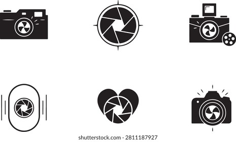 This image features six black and white camera icons with shutter release symbols on a eps, showcasing various photography-related graphics.