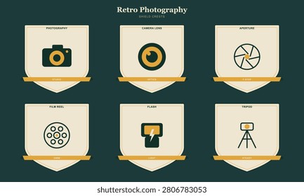 This image features six cream-colored shield crests with a dark green background, showcasing various photography-related icons and text in a retro style.