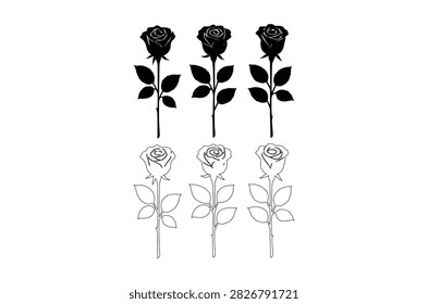 This image features six depictions of roses, three as black silhouettes and three as white line drawings, set against a