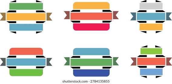 This image features six distinct ribbon banner designs, each with a unique color scheme, including green, blue, yellow, orange, red, gray, and brown, arranged in two rows of three on a pure white back