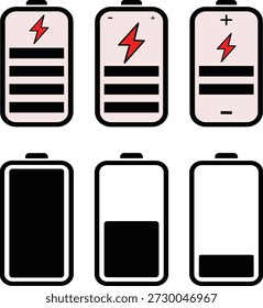 Esta imagem apresenta seis ícones representando baterias de telefones celulares em vários níveis de carga. A linha superior mostra três baterias totalmente carregadas com quatro barras cada, indicadas por faixas pretas e brancas. A fileira inferior exibe três baterias progressivamente descarregadas, com a primeira quase vazia, a segunda metade cheia e a terceira com uma pequena quantidade de carga restante.