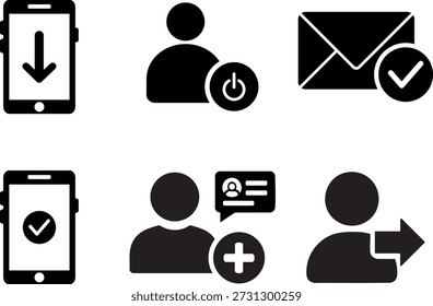 Esta imagem apresenta seis ícones que representam várias atividades de comunicação e interação digital. Da parte superior esquerda para a parte inferior direita, os ícones representam o download de um smartphone, a ativação do usuário, a confirmação de e-mail, o download bem-sucedido, a interação de mídia social e a adição do usuário.