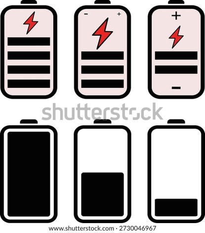 This image features six icons representing mobile phone batteries at various charge levels. The top row shows three fully charged batteries with four bars each, indicated by black and white stripes. The bottom row displays three progressively discharged batteries, with the first one nearly empty, the second one half full, and the third one with a small amount of charge remaining.