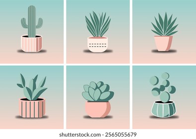 This image features six illustrated potted plants, mostly resembling cacti and succulents, displayed in a grid layout.The entire image has a gradient background transitioning from soft green at the to