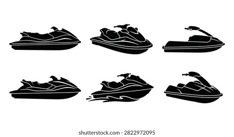 This image features six jet ski silhouettes in differing perspectives presented as a black outline against a white background. The