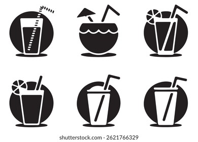 This image features six simple, black and white, flat-style illustrations of different beverages.