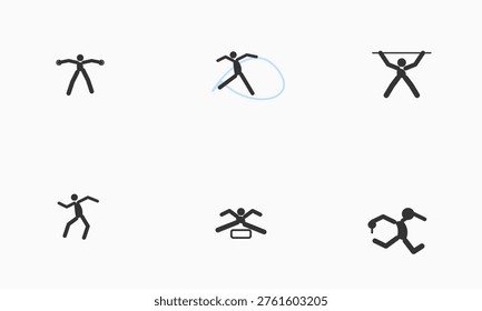 This image features six simple, minimalist black stick figure icons arranged in a grid against a white background. Each icon represents a different human movement or athletic activity, including standing with arms outstretched, performing a dynamic motion with a swirling light blue arc, hanging from a horizontal bar, dancing or lunging, jumping over a hurdle, and running. The style is clean, modern, and pictogram-like, suitable for representing physical activity, exercise, or sports-related concepts in a graphical interface.