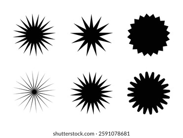 This image features six stylized starburst shapes in black and white, ranging from radiating lines to pointed starburst patterns.