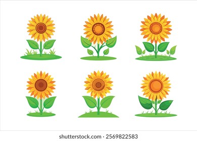 This image features six vibrant cartoon sunflowers in various stages of growth.