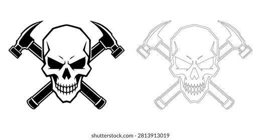This image features a skull with two crossed hammers, presented in both a solid black and white version and an outline style, set against a clean white background.