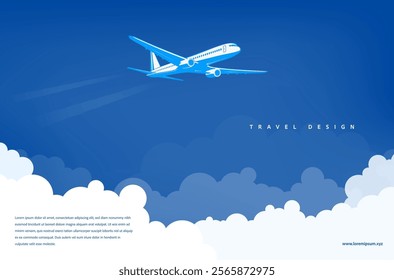 This image features a sleek airplane flying high above a picturesque blue sky filled with gentle clouds, representing freedom and the joy of travel and exploration. Vector illustration.