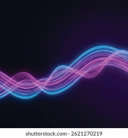 This image features a sleek, flowing wave of gradient light in purple and blue hues set against a dark background, evoking a sense of motion and elegance.
