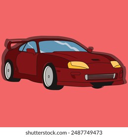 This image features a sleek, red sports car with a prominent rear spoiler, sharp headlights, and low-profile tires. Set against a pink background, it exudes speed, style, and modern automotive