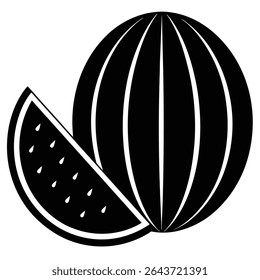 Esta imagem apresenta uma melancia fatiada com muitas sementes ao lado de uma melancia inteira; ambos os frutos são representados em um estilo monocromático para um olhar impactante.