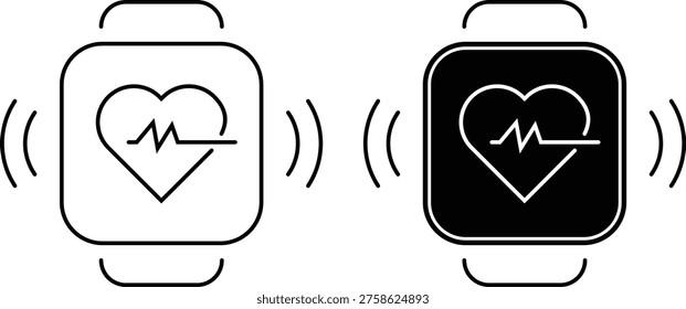 This image features a smartwatch with a heart rate monitor displayed on its screen, set against a clean white background. The watch is depicted in both black and white, highlighting its sleek and modern design. The heart rate monitor symbol on the screen indicates the device's ability to track fitness and health metrics. This illustration is ideal for use in articles, blog posts, or marketing materials related to wearable technology, fitness, and health.