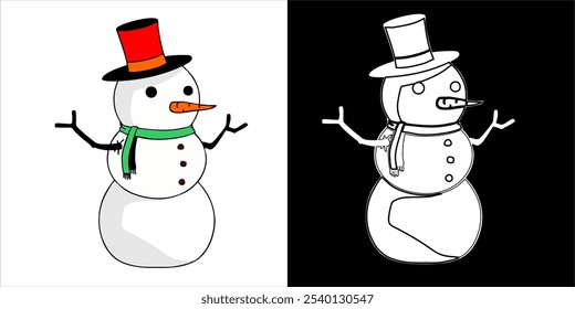 This image features a snowman standing proudly in the middle of a snowy landscape, surrounded by Christmas trees decorated with colorful lights. With his black hat and bright red scarf, this snowman r