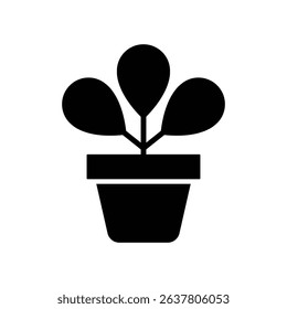 This image features a solid black icon of a potted plant on a white background. The plant has three leaves atop a rectangular pot, rendered in minimalist style.