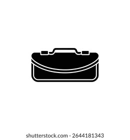 Esta imagem apresenta uma ilustração em preto sólido de uma pasta, simbolizando negócios, viagens e elementos profissionais contra um pano de fundo branco limpo, com um design de alça resistente.