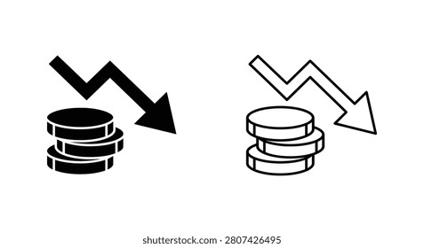 This image features a stack of coins alongside a descending arrow, depicted as a black and white line drawing illustration. The composition conveys a concept