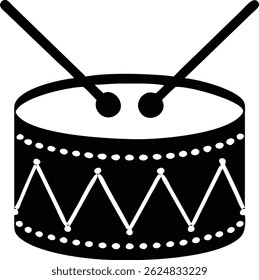 This image features a stark black silhouette of a drum set, complete with drumsticks. The drum's design includes decorative zigzag patterns with small circles.