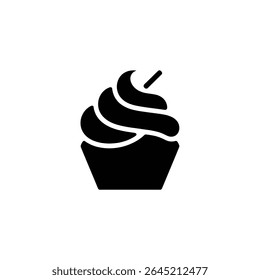 Cette Image présente une silhouette noire d'un cupcake unique, avec un glaçage tourbillonnant décadent et une petite garniture en bâton, sur fond blanc.