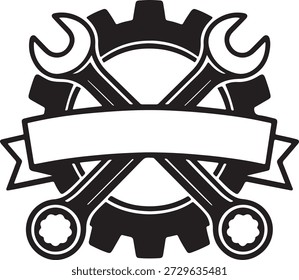 This image features a stark black silhouette design comprising a central gear, overlaid by two crossed wrenches. A blank banner is positioned horizontally across the mid-section, providing a customizable space for text or branding. The minimalist style emphasizes a clear, professional look, making it an ideal emblem or logo for businesses related to mechanical engineering, repair services, automotive workshops, industrial maintenance, or any trade requiring tools and machinery. The design conveys strength, precision, and technical expertise.