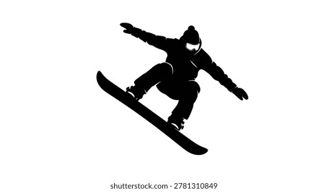 This image features a stark black silhouette of a snowboarder mid-air, executing a trick. The minimalist style emphasizes movement and the thrill of winter sports.