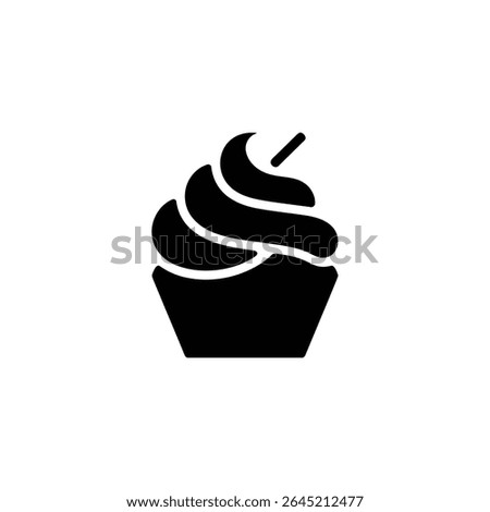 This image features a stark black silhouette of a single cupcake, complete with decadent swirled frosting and a tiny stick topping, set against white backdrop.