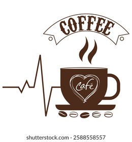 This image features a steaming coffee cup with a heart-shaped "Café" design, placed on a saucer with coffee beans below. Above, a vintage-style banner reads "COFFEE." A heartbeat line runs beside the 