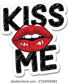 Esta imagem possui um adesivo com um design divertido. Um par de lábios vermelhos com presas vampíricas é posicionado entre as palavras 'KISS ME'. O adesivo tem um fundo branco e um design arrojado e atraente. A imagem é simples, isolada e poderia ser usada como elemento gráfico ou inspiração de design. O adesivo parece ser um item de novidade que poderia ser usado para adicionar um toque de humor ou capricho em um laptop, garrafa d'água ou outra superfície.