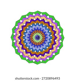 Esta Imagen presenta un llamativo mandala geométrico abstracto, representado sobre un fondo blanco limpio. El diseño está compuesto por numerosos anillos concéntricos, cada uno compuesto por Formas poligonales repetitivas que se asemejan a chevrones o flechas. Se utiliza una rica paleta de colores, que incluye varios tonos de verde, púrpura, azul, marrón y naranja claro, creando un efecto visual vibrante y dinámico. La capa más interna es una sutil mezcla de verde y púrpura claro, irradiando hacia afuera a través de azules más oscuros, marrones y púrpuras vibrantes, que culmina en un anillo exterior de Formas verdes brillantes y lavanda. Las intrincadas capas y la disposición precisa de las Formas le dan al mandala una calidad de ilusión tridimensional, casi óptica, que atrae la atención hacia su complejo centro.
