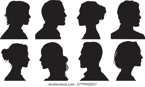 This image features a striking arrangement of eight distinct human head silhouettes. Presented in two rows of four, each silhouette captures a profile view, highlighting a variety of hairstyles and gender representations. The stark black against a clean white background creates a strong visual contrast, making each profile stand out. This versatile graphic is ideal for representing concepts of identity, diversity, communication, and individuality in a minimalist and impactful way.