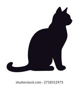 This image features a striking black silhouette of a domestic cat in a classic sitting posture, rendered against a pristine white background. The cat is shown in a side profile, facing towards the right, with its tail gracefully curved and its ears alert and pointed. The minimalist design emphasizes the iconic shape of the feline, conveying