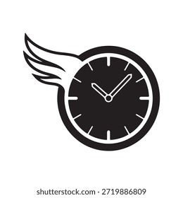 Esta Imagen presenta un llamativo ícono en blanco y negro que representa un reloj con elegantes alas. La cara del reloj es de color negro sólido con marcadores de hora blancos prominentes y dos agujas, lo que indica la hora. Unidas al lado izquierdo del reloj hay dos alas estilizadas, renderizadas en blanco, creando una poderosa metáfora visual de la velocidad, la urgencia y el rápido paso del tiempo. El diseño general es limpio, minimalista y altamente efectivo para transmitir conceptos relacionados con los plazos, la eficiencia, la productividad y la preciosidad de los momentos. Este gráfico de Vector es adecuado para diversas aplicaciones que requieren un emblema para la gestión de la velocidad o el tiempo.