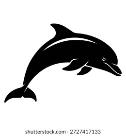 Esta Imagen presenta una llamativa silueta negra de un delfín capturado en un salto dinámico en el aire. La forma elegante del mamífero marino se destaca sobre un fondo blanco prístino, enfatizando su movimiento elegante y contornos elegantes. El diseño simple pero potente transmite una sensación de libertad, agilidad y la belleza de la vida marina. Es un gráfico ideal para diversos usos, desde logotipos hasta Elementos decorativos, que simbolizan la inteligencia y la armonía con la naturaleza.
