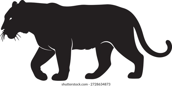 This image features a striking black panther walking across a plain white background in a powerful stride. The panther's sleek and agile form is showcased in a beautiful silhouette, highlighting its majestic and mysterious nature. The simplicity of the background allows the viewer to focus on the panther's elegance and strength, making it a great representation of wildlife and conservation.