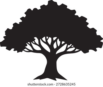 Esta Imagen presenta una llamativa silueta negra de un árbol con un tronco robusto y ramas extensas sobre un fondo blanco limpio. La forma del árbol es audaz y gráfica, lo que lo convierte en un elemento de diseño versátil para diversas aplicaciones. El contraste entre el árbol negro y el fondo blanco crea un efecto visualmente atractivo y calmante, que evoca una sensación de serenidad y conexión con la naturaleza.
