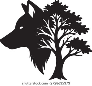 Dieses Bild zeigt eine auffällige schwarze Silhouette eines Wolfskopfes mit einem daraus wachsenden Baum, der auf sauberem, weißem Hintergrund steht. Das Profil des Wolfs ist in einem gewagten, grafischen Stil dargestellt, wobei die Äste und Blätter des Baumes aus seinem Körper hervortreten. Das Bild vermittelt ein Gefühl von Wildnis, Freiheit und Verbindung zur Natur.