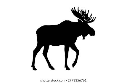 This image features a striking black silhouette of a moose, depicted in profile against a clean white background, showcasing its