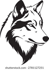 This image features a striking black and white line drawing of a wolf’s head in profile. The illustration emphasizes the animal’s sharp, pointed ears, intense gaze, and thick fur around the muzzle, showcasing its wild and majestic expression. The bold outlines and shading create a dramatic and powerful visual effect, capturing the essence of the wolf’s natural ferocity and elegance.