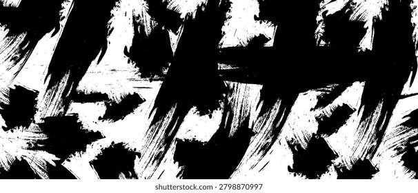 This image features a striking black and white abstract artwork characterized by bold, expressive brushstrokes and a dynamic composition, showcasing contrasting dark and light areas