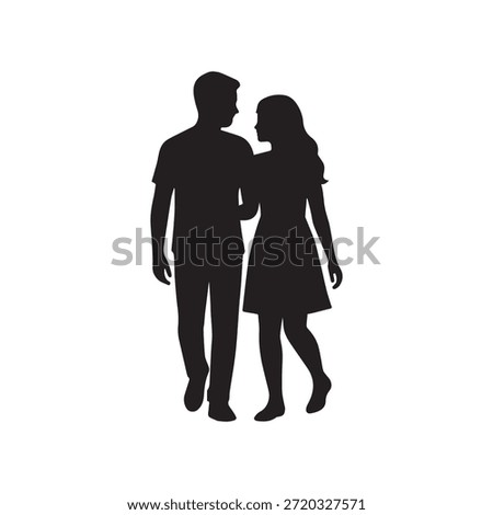 This image features a striking black silhouette of a man and a woman walking side by side, their bodies facing forward while their heads are turned towards each other. The man is on the left, depicted with a casual t-shirt and trousers. The woman is on the right, wearing a dress, her hair flowing slightly. Their posture suggests a close bond, perhaps a romantic relationship, with their gazes meeting. The simple black and white contrast emphasizes the forms and the connection between the two figures, making it a versatile graphic for themes of love, partnership, and companionship.