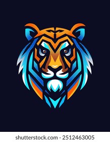 This image features a striking digital art representation of a tiger’s face set against a dark background. The artwork is notable for its vibrant color palette, with shades of orange, blue, and white.