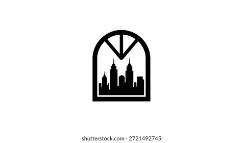 Esta Imagen presenta una silueta llamativa de un paisaje urbano visto a través de un marco de ventana arqueado. La arquitectura urbana es moderna y elegante, creando una composición dinámica. El color blanco y negro