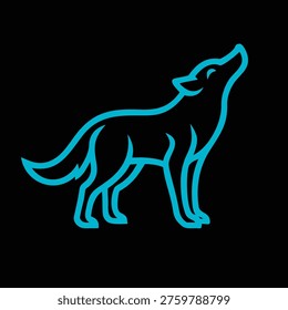 This image features a striking silhouette of a wolf with a vivid cyan outline, set against a stark black background. The wolf is captured mid-howl, showcasing its dynamic posture with an upright stance and raised head, emphasizing its wild and majestic nature. The clean, bold lines of the outline provide a sharp contrast, highlighting the animal’s muscular build and poised movement. The overall composition conveys a sense of raw power and untamed spirit, making it visually captivating and emotionally evocative.