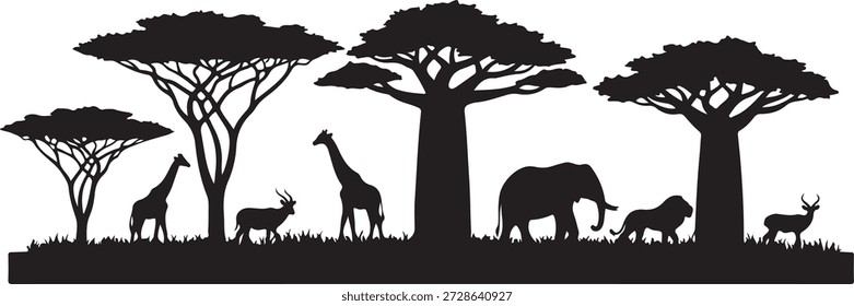 Esta imagem apresenta uma deslumbrante paisagem de savana africana com silhuetas de árvores e vida selvagem ao pôr do sol. A cena serena mostra uma variedade de animais, incluindo girafas, elefantes, leões e veados, contra um cenário pitoresco de acácias e pastagens. A ilustração destaca a beleza e a tranquilidade do deserto africano, evocando um senso de liberdade e majestade.