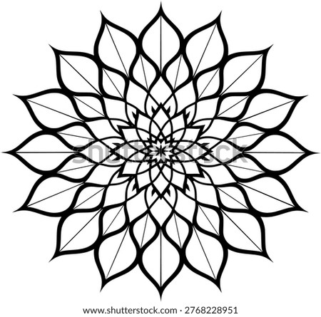 This image features a stunning black and white mandala design, set against a clean and simple background. The intricate pattern is made up of delicate petals and leaves, carefully crafted to create a sense of symmetry and balance. The design is both visually striking and spiritually inspiring, making it perfect for use in meditation, yoga, or simply as a decorative element. The mandala's beauty and elegance are sure to captivate and calm the mind, inviting the viewer to explore its intricate details and symbolism.